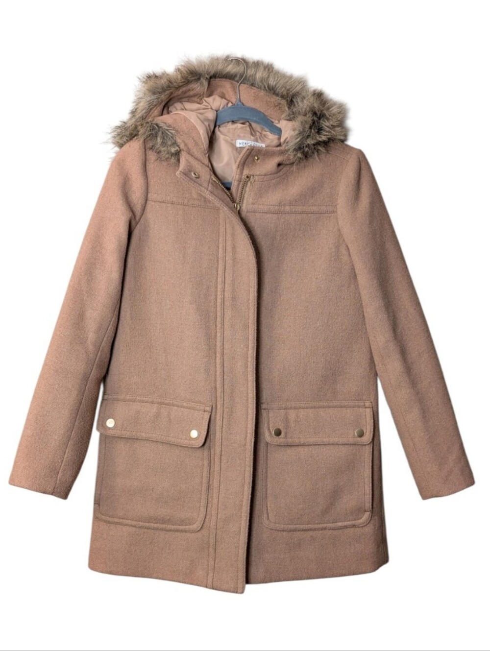 J. Crew Factory Vail Parka Coat J6178 Camel Tan Wool Blend Faux Fur Hood size 0